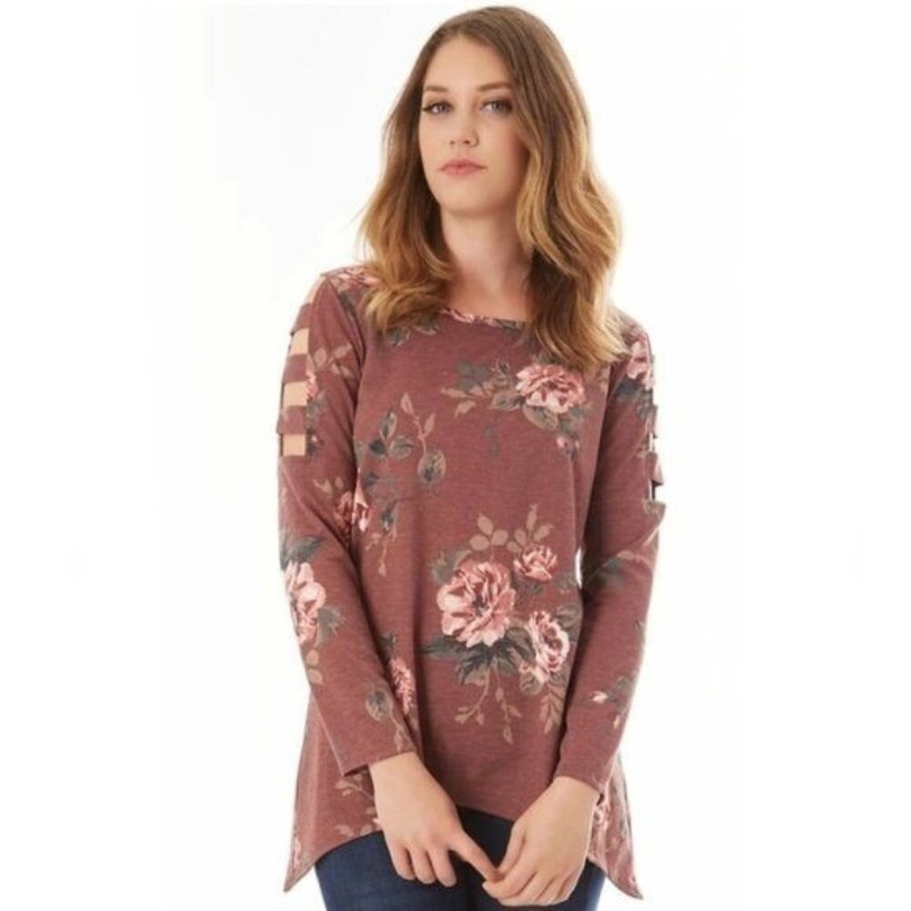 Apt. 9 Mauve Floral Cage Long Sleeve Tee Shark Bite Blouse Top Women's Size XXL